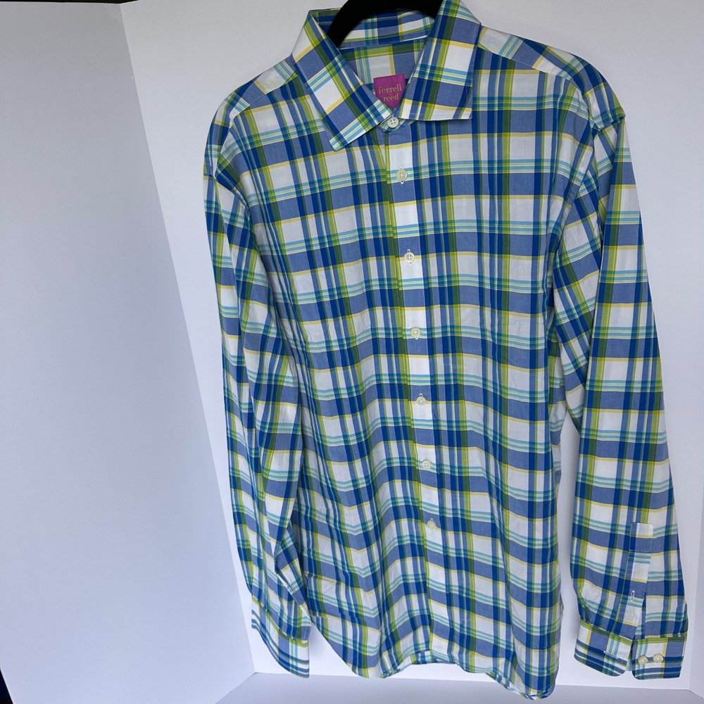 Ferrell Reed‎ Mens Plaid Button Down Long Sleeve Shirt Blue Green White